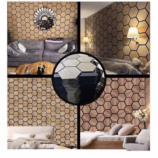 Rivestimento in venature di legno, materiale decorativo 3D, pannello in WPC MDF per interni, design scanalato, pannello decorativo acustico da parete con stecche di legno per l'arredamento della casa